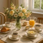 Beautiful breakfast table decor ideas with flowers and natural morning light