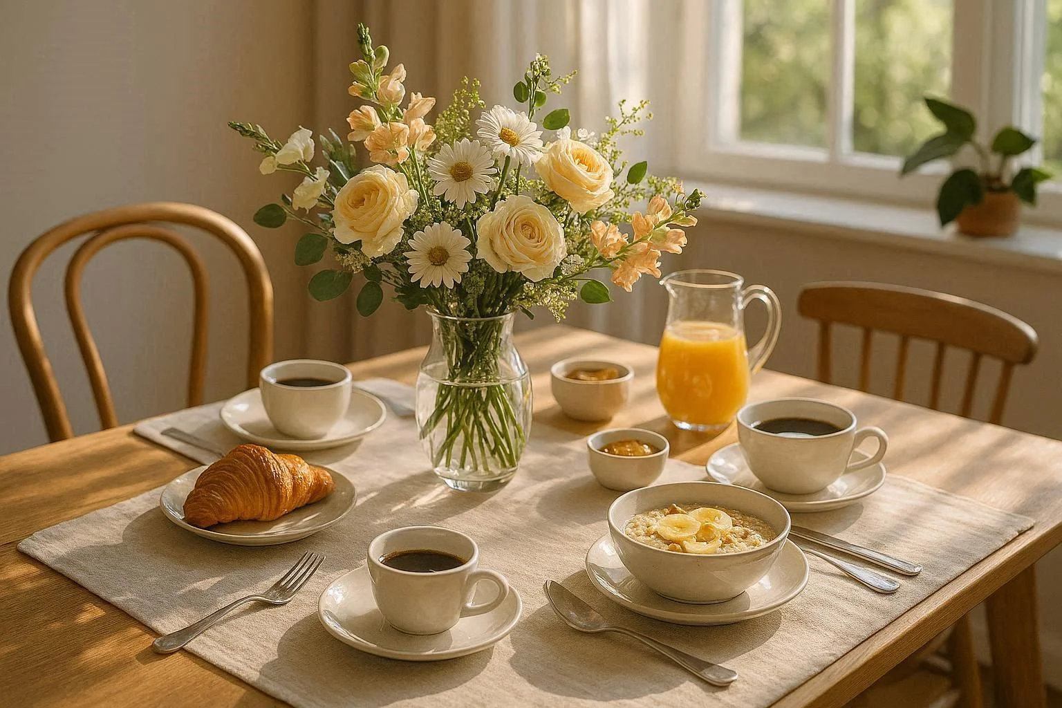 Beautiful breakfast table decor ideas with flowers and natural morning light