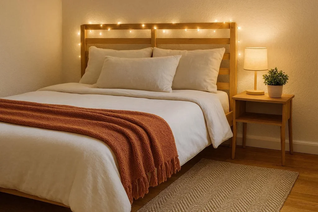 Budget-friendly cozy bedroom with fairy lights, a terracotta throw blanket, and a woven rug