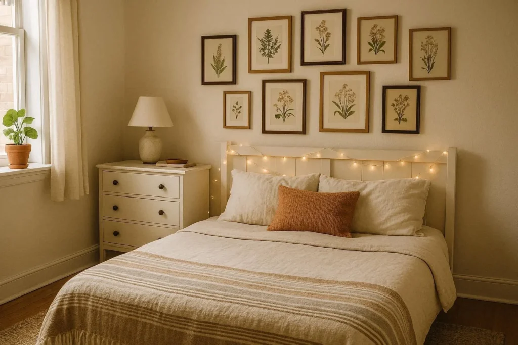 Budget friendly bedroom decor ideas with DIY gallery wall, thrifted furniture, and fairy lights