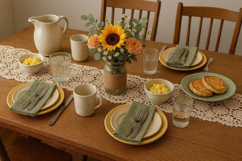 Budget-friendly breakfast table decor with thrift store finds and DIY centerpiece