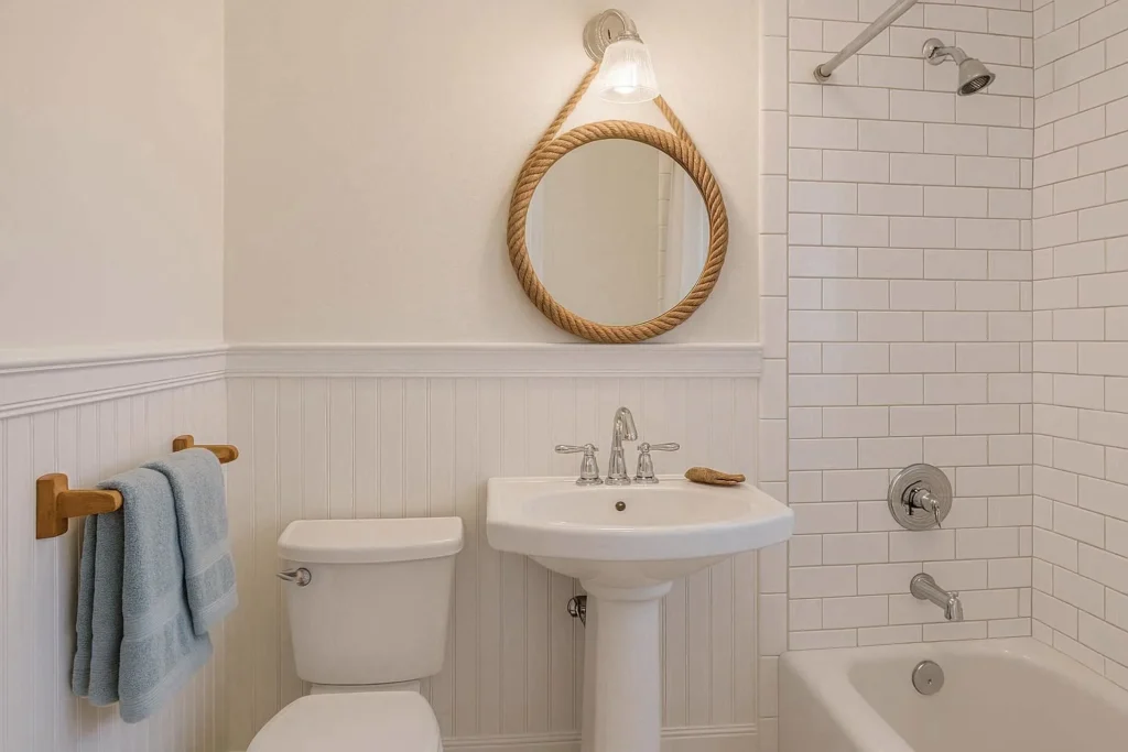 Cape Cod bathroom with white beadboard, rope mirror, and blue and white accents