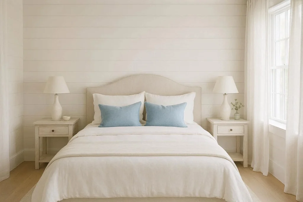 Cape Cod bedroom with white shiplap, linen bedding, and soft blue accents