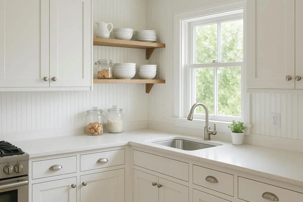Cape Cod kitchen with white shaker cabinets, open shelving, and beadboard backsplash
