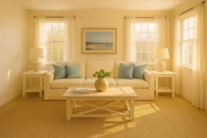 Cape Cod living room with white shiplap walls, linen sofa, and pale blue accents