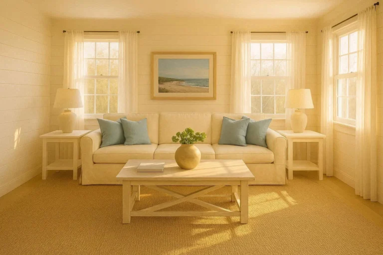 Cape Cod living room with white shiplap walls, linen sofa, and pale blue accents