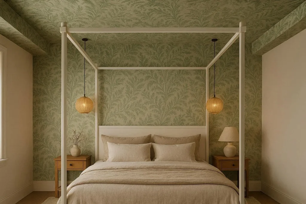 Bedroom ceiling wallpaper with sage green botanical print above a white four-poster bed