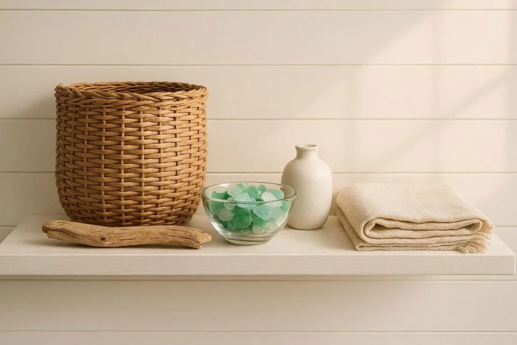 Coastal farmhouse decor vignette with woven textures, driftwood, and sea glass on white shiplap