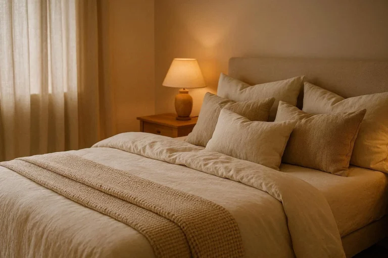 Comfy bedroom ideas with layered bedding, warm lighting, and cozy neutral decor