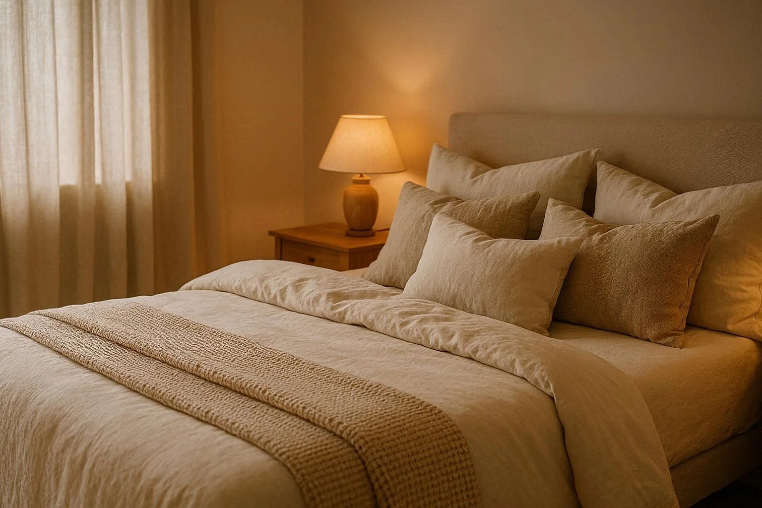 Comfy bedroom ideas with layered bedding, warm lighting, and cozy neutral decor