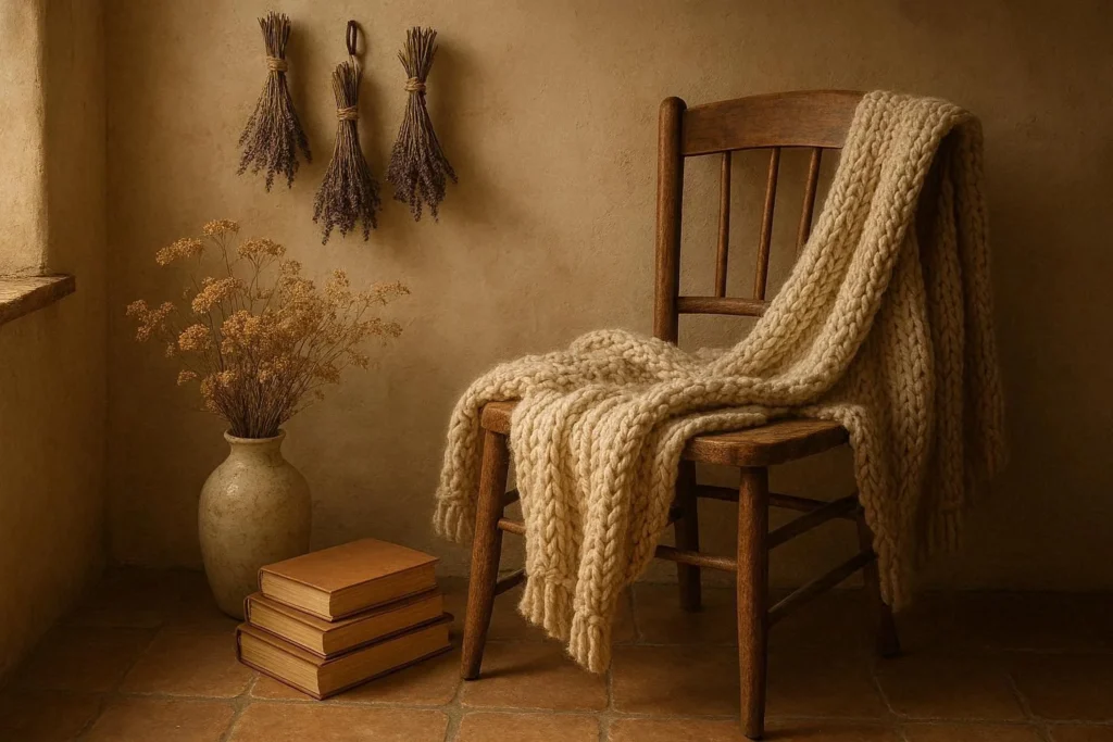 Cottagecore reading corner with dried flowers, knit throw, and rustic wooden chair