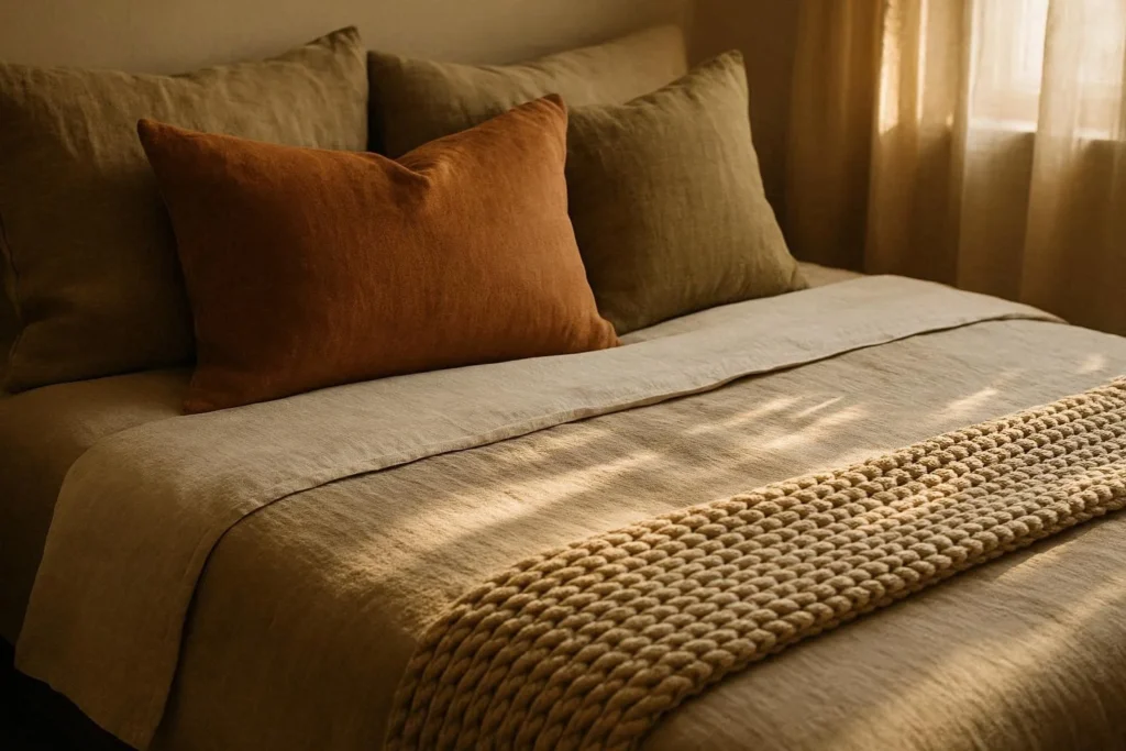 Cozy bedroom ideas with layered bedding, throw pillows, and soft warm textures