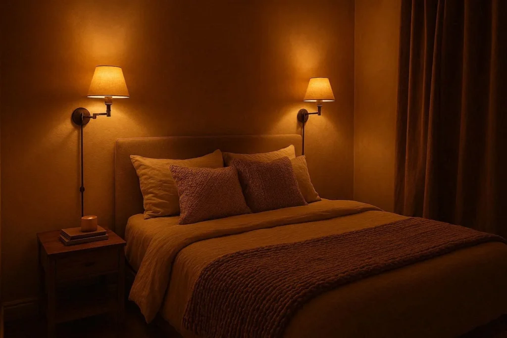 Layered warm lighting ideas for a cozy small bedroom at night