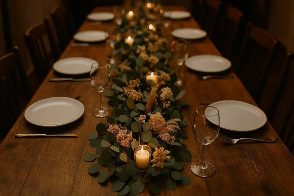 Dining table styled with a eucalyptus garland centerpiece and tea light candles for a dinner party