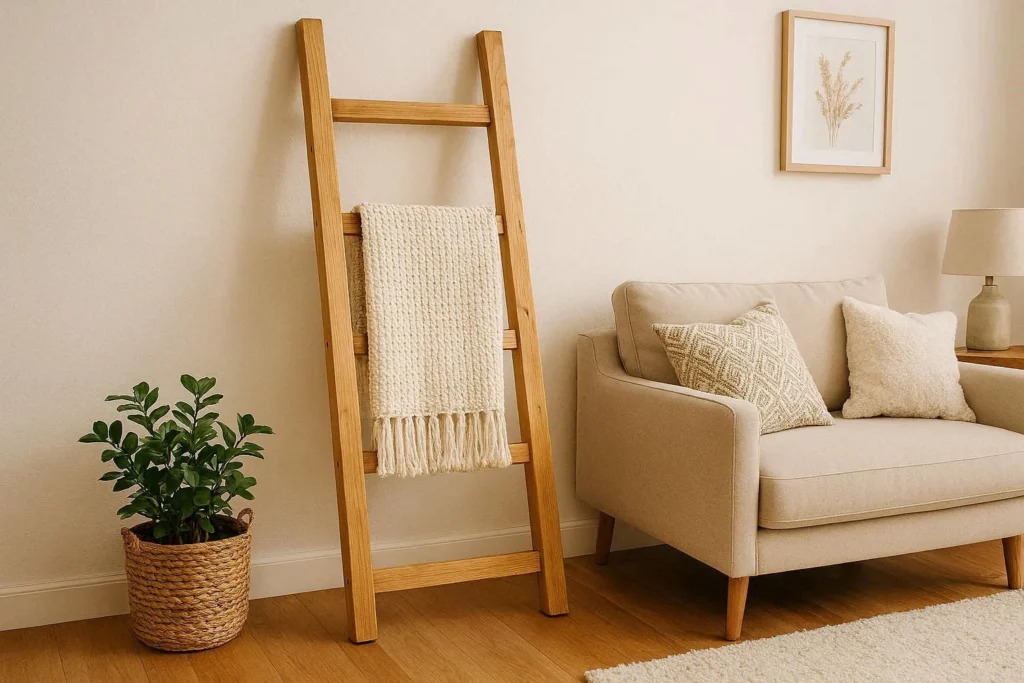DIY blanket ladder project for budget friendly home decor
