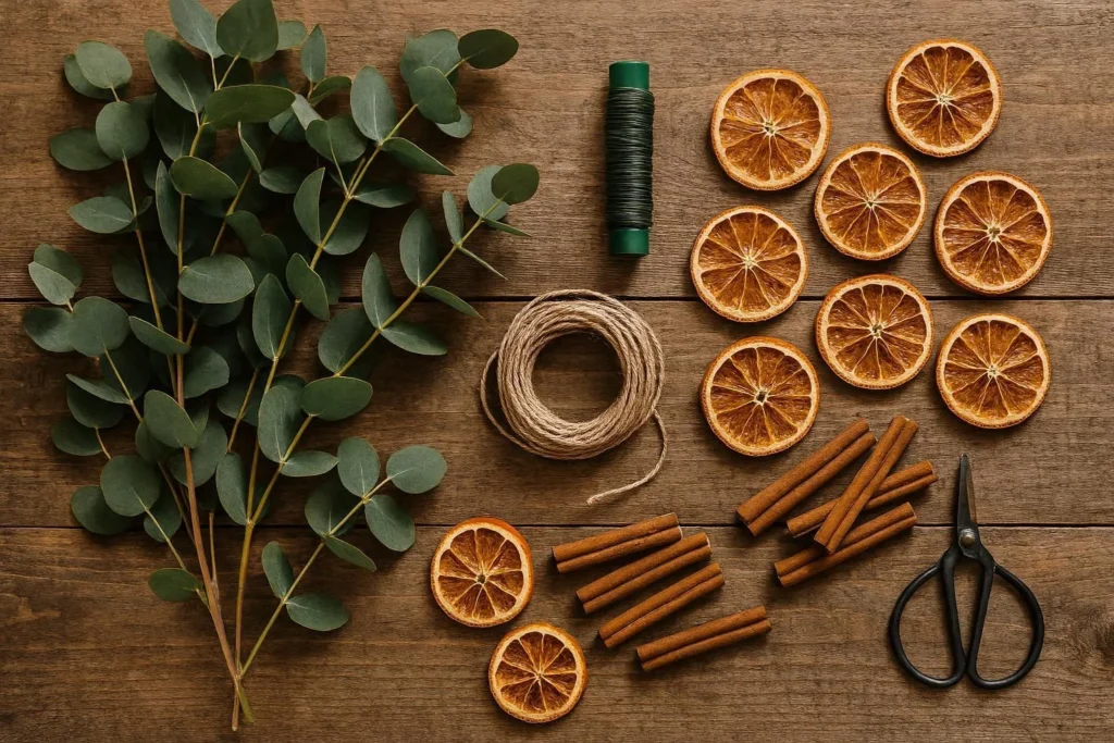 DIY garland making supplies including eucalyptus, dried oranges, and twine laid out on a rustic wooden table