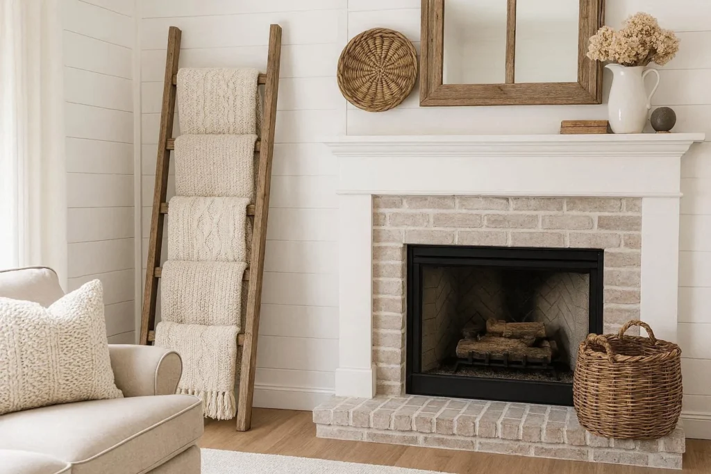 farmhouse blanket ladder decor idea with cozy throw blankets