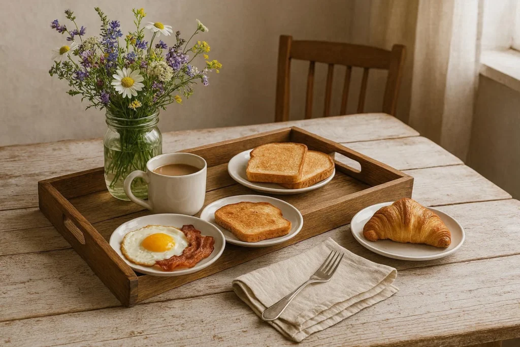 Farmhouse breakfast table with wooden tray, wildflowers, and linen napkins