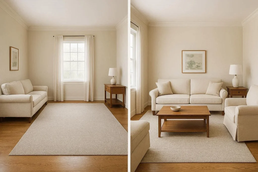 Comparison of floating furniture versus wall-hugging placement in a rectangular living room