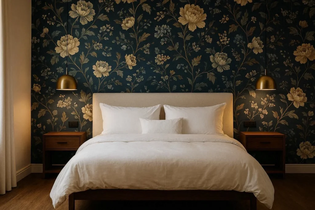 Floral accent wall wallpaper in a navy bedroom with white bedding