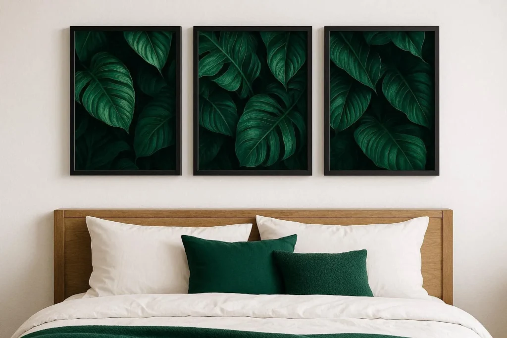 Framed wallpaper panels above a bed as creative bedroom wall decor