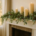Fireplace mantel decorated with a eucalyptus garland and cream candles for a cozy home decor look