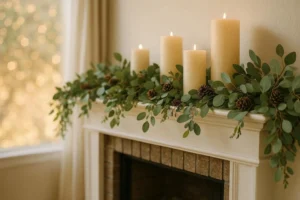 Fireplace mantel decorated with a eucalyptus garland and cream candles for a cozy home decor look