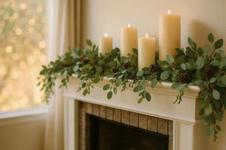 Fireplace mantel decorated with a eucalyptus garland and cream candles for a cozy home decor look