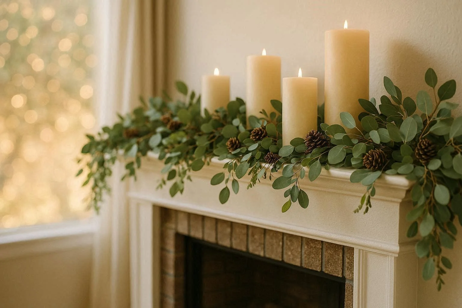 Fireplace mantel decorated with a eucalyptus garland and cream candles for a cozy home decor look