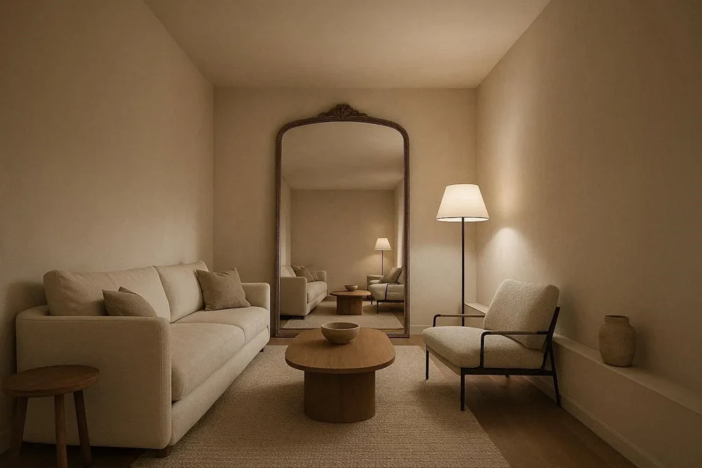 Large decorative mirror on the end wall of a narrow living room creating an illusion of depth