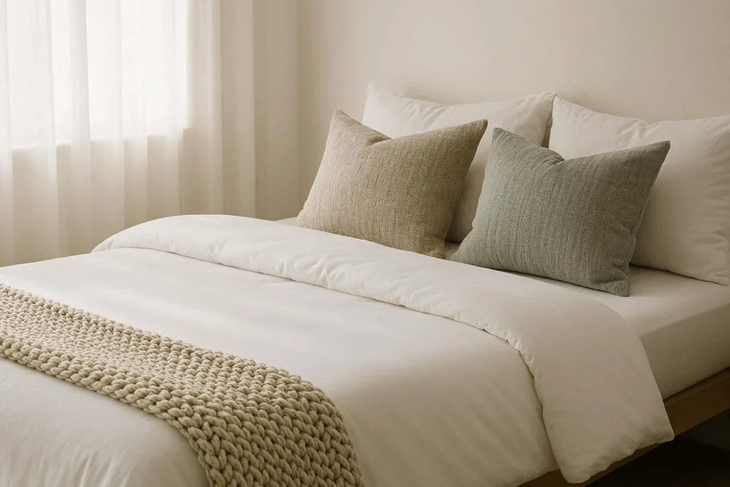 Cozy bedroom with layered bedding, textured throw pillows, and soft morning light