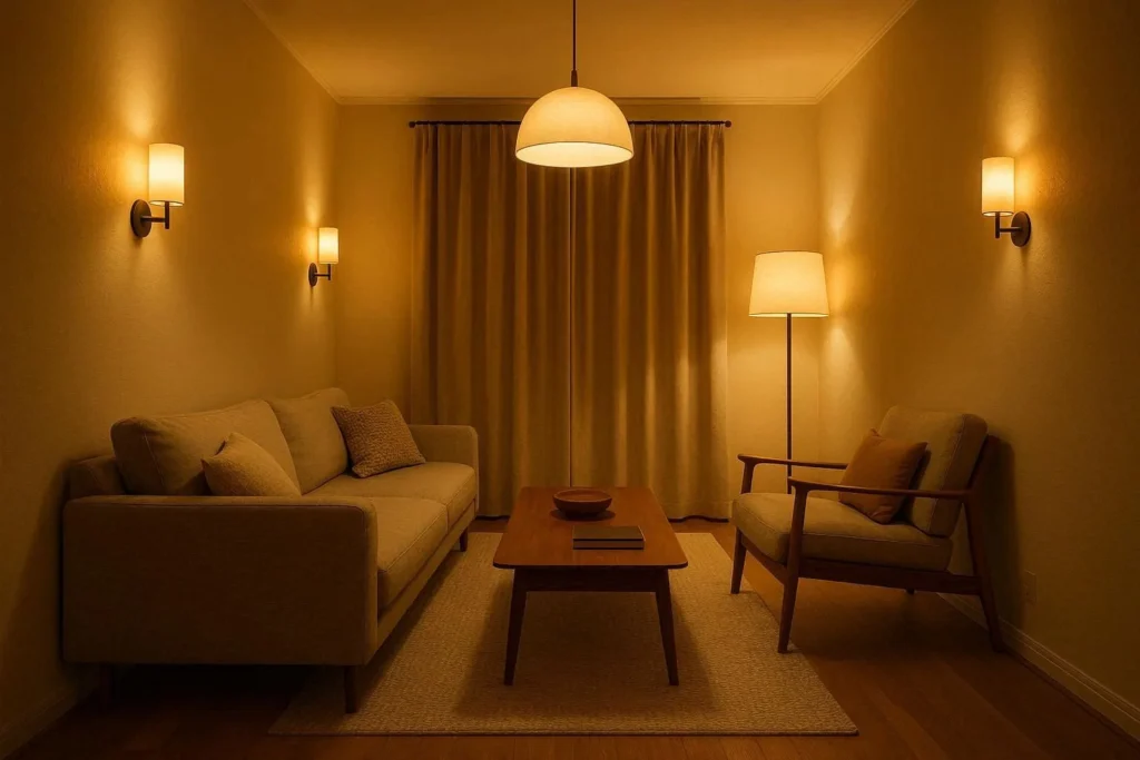 Narrow living room with layered lighting including wall sconces and floor lamp creating a warm open atmosphere