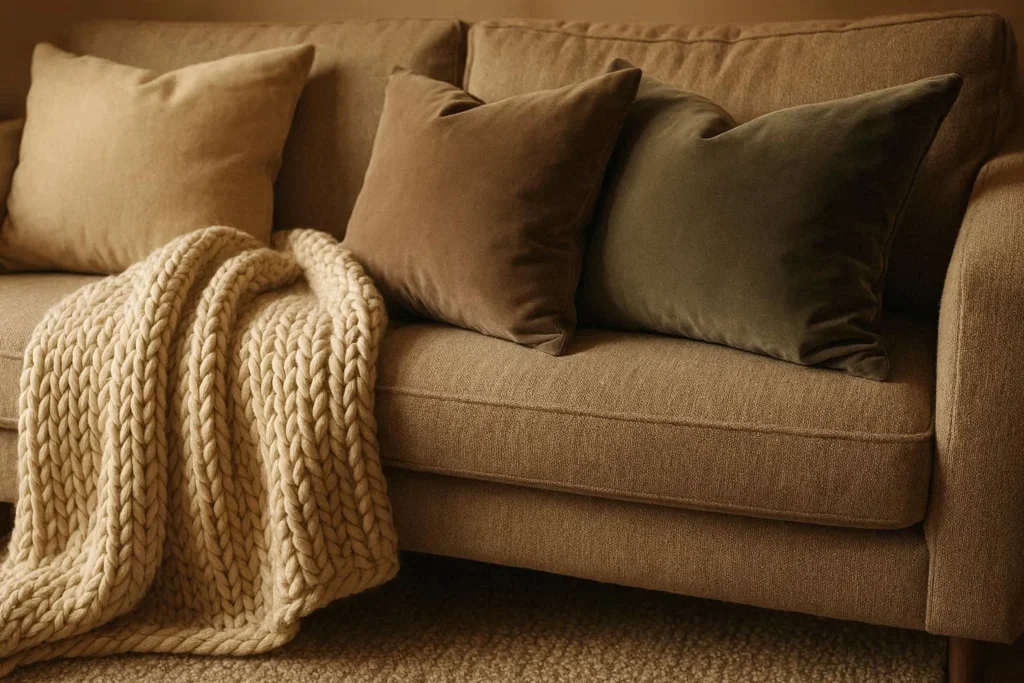 Cozy lounge sofa with layered cushions, knit throw, and soft area rug