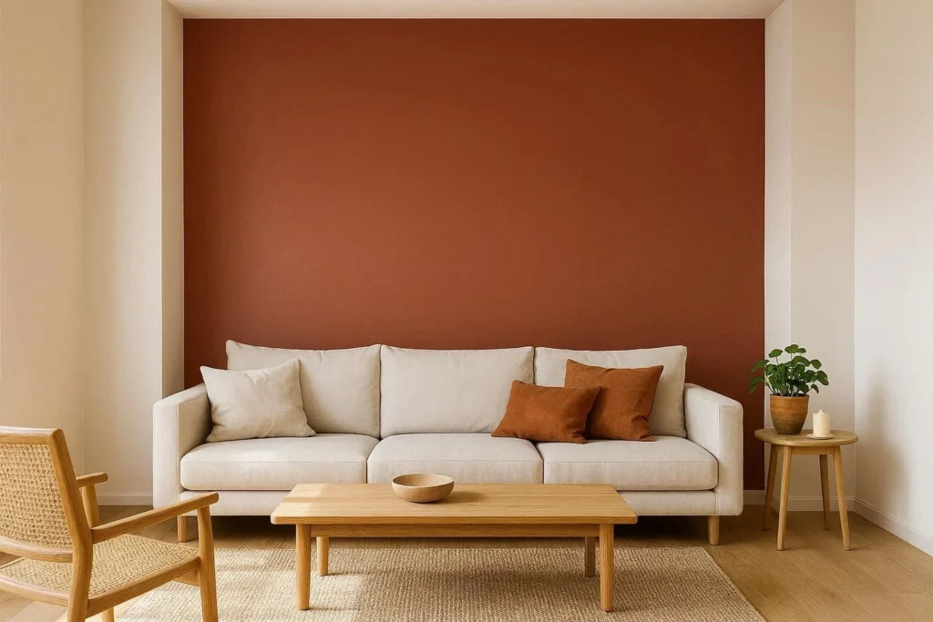 Modern living hall with terracotta accent wall and warm white neutral color palette