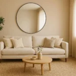Stylish modern living hall with neutral colors, linen sofa, round mirror, and natural light