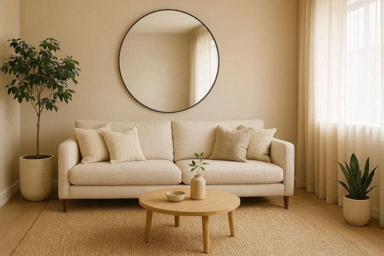 Stylish modern living hall with neutral colors, linen sofa, round mirror, and natural light