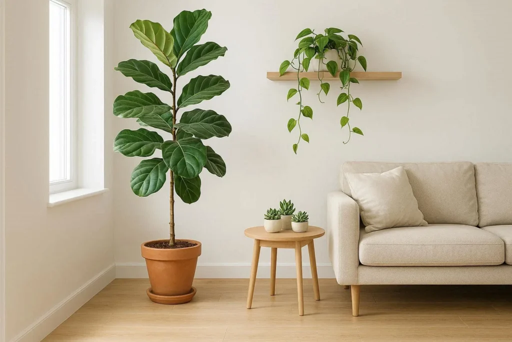 Living hall corner decorated with indoor plants including fiddle leaf fig, pothos, and succulents