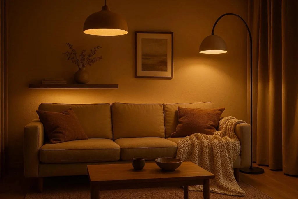 Cozy living hall with layered lighting including pendant light, floor lamp, and LED accent lights