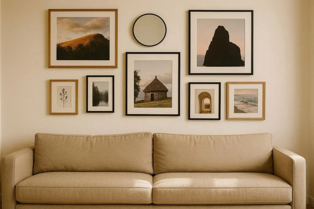 Living hall gallery wall with mixed frame sizes, abstract prints, and botanical art above a linen sofa