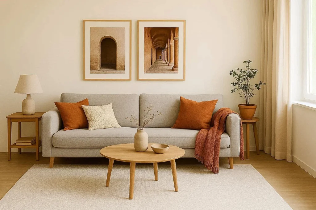 Lounge with cohesive warm white, grey, and terracotta color palette