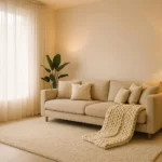 Stylish modern lounge with neutral tones, layered cushions, and warm lighting