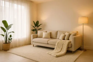 Stylish modern lounge with neutral tones, layered cushions, and warm lighting