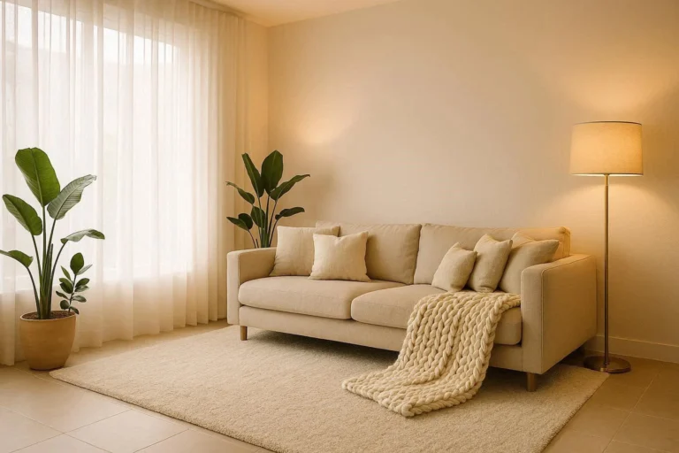 Stylish modern lounge with neutral tones, layered cushions, and warm lighting