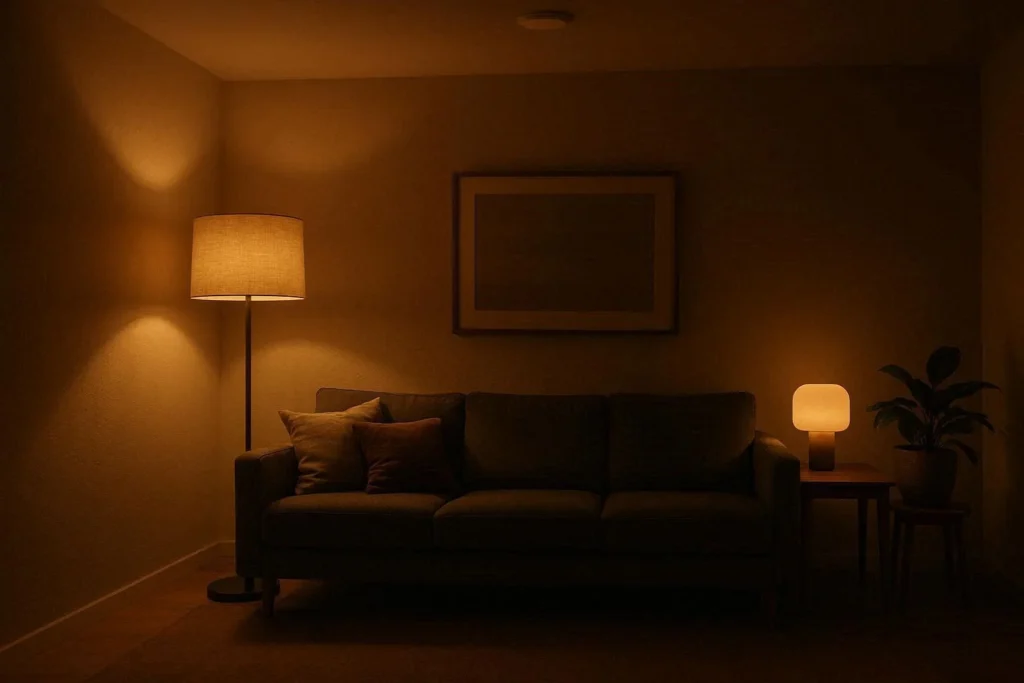 Modern lounge with layered lighting including floor lamp and table lamp