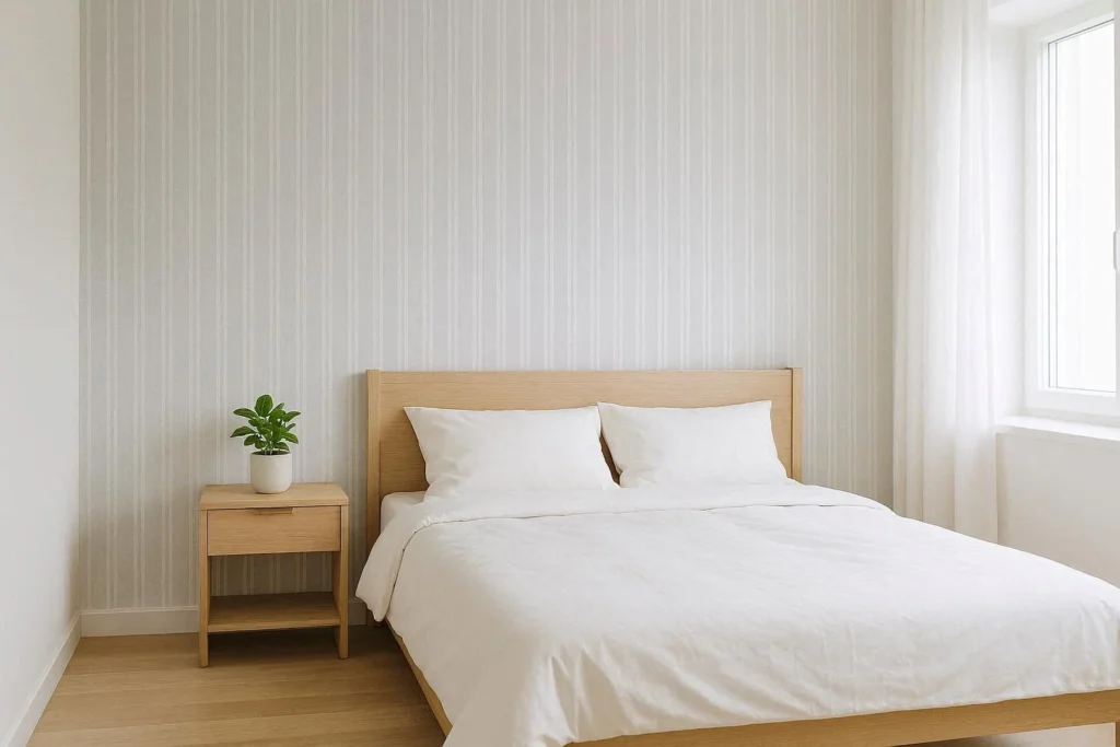 Minimalist bedroom wallpaper with soft grey vertical stripes and light wood furniture