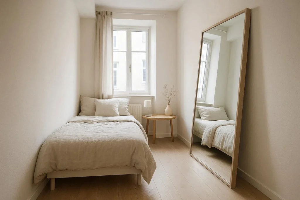 Floor mirror in a small bedroom creating the illusion of a larger space