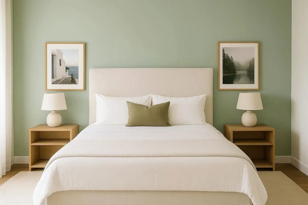 Modern bedroom design with sage green accent wall and minimalist upholstered headboard