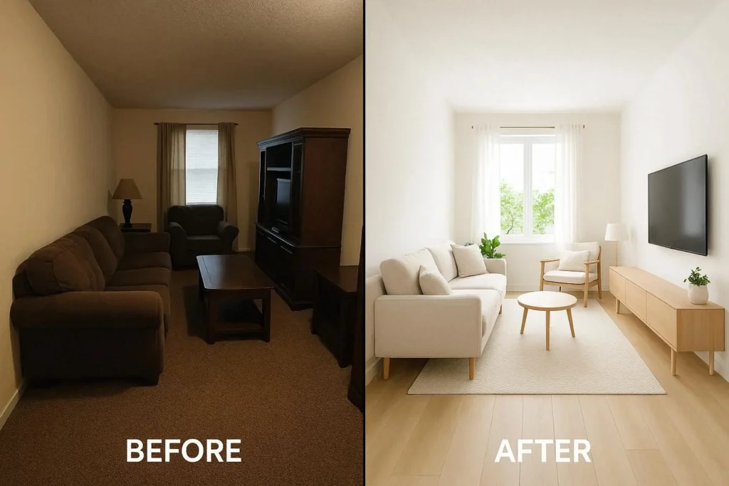 Before and after transformation of a narrow living room showing cramped layout versus open stylish redesign
