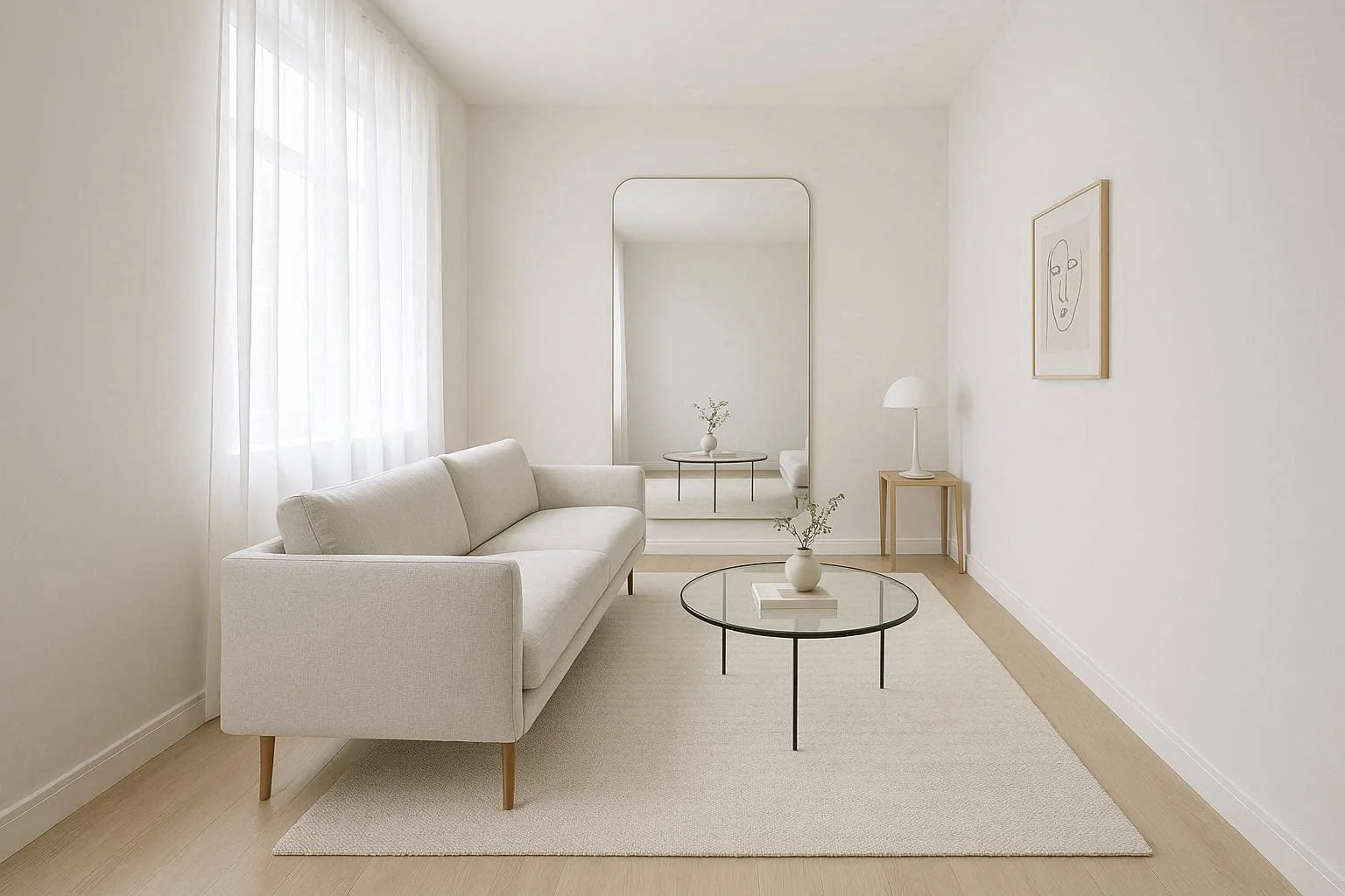 Bright narrow living room with light grey walls, floating sofa, and large mirror creating a spacious feel