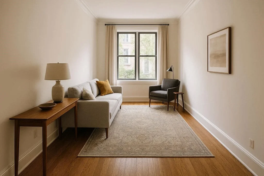 narrow living room layout with floating sofa and console table
